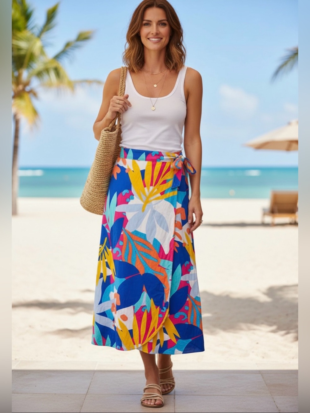 JCrew Factory Tropical Faux Wrap Skirt XXL 100% Viscose Elastic Waist Vibrant